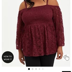 🆕WINE/BURGUNDY COLD SHOULDER LACE TOP